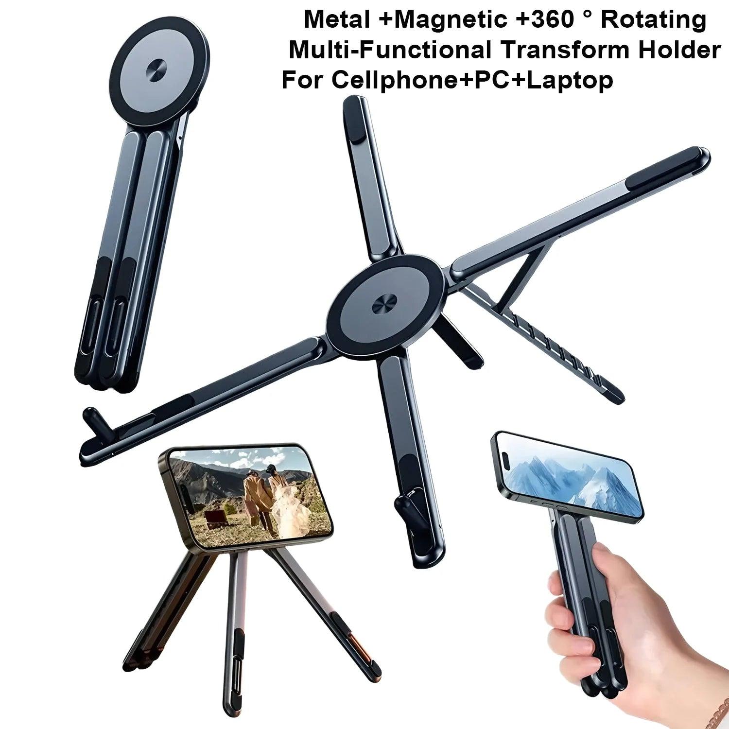 Sayante - Portable Magnetic Phone Holder & Selfie Stick 3-in-1 Foldable Tripod Stand for iPhone iPad Tablet Laptop Desktop Use